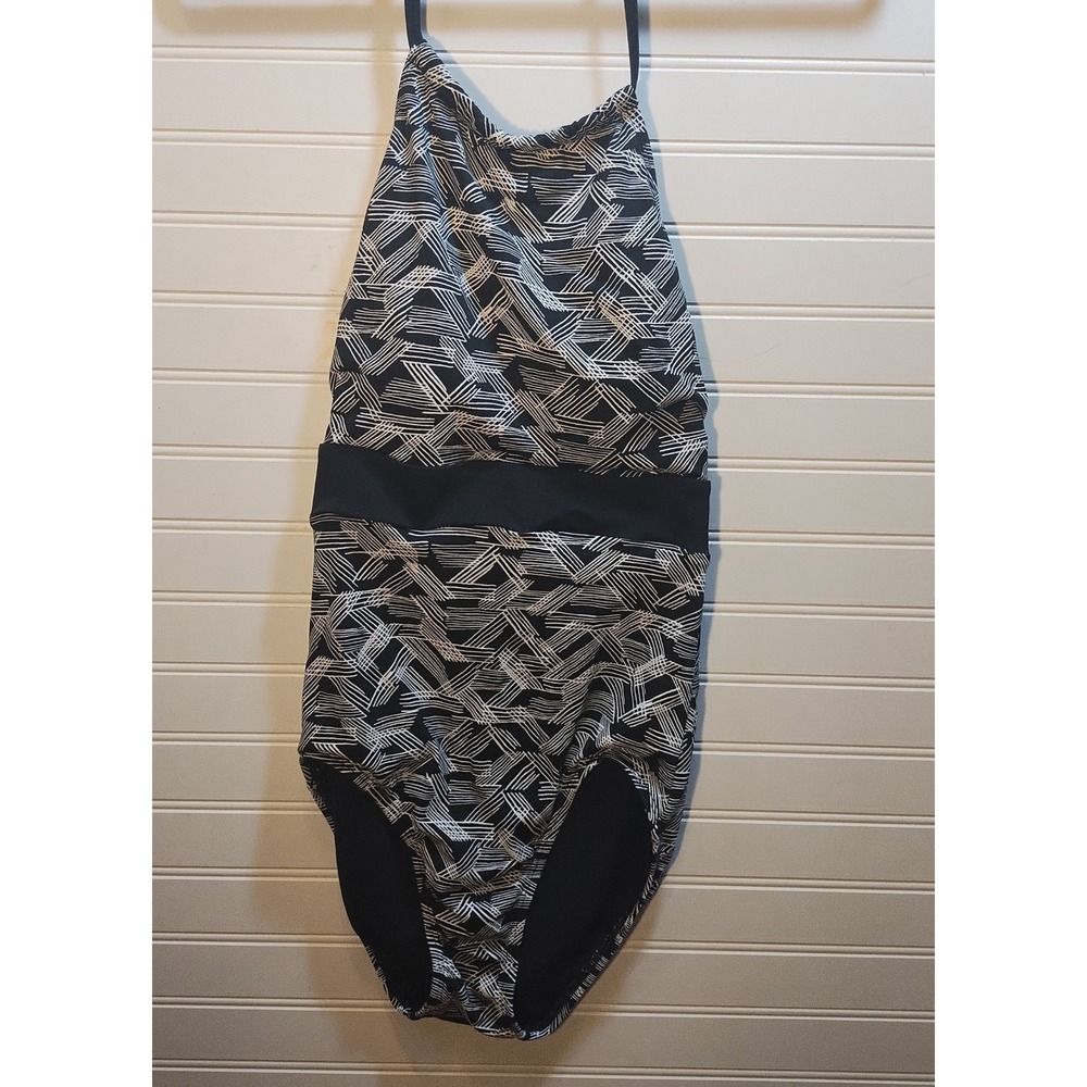 Time and Tru Womens Black White Geometric Halter One Piece Swimsuit Size S 4-6